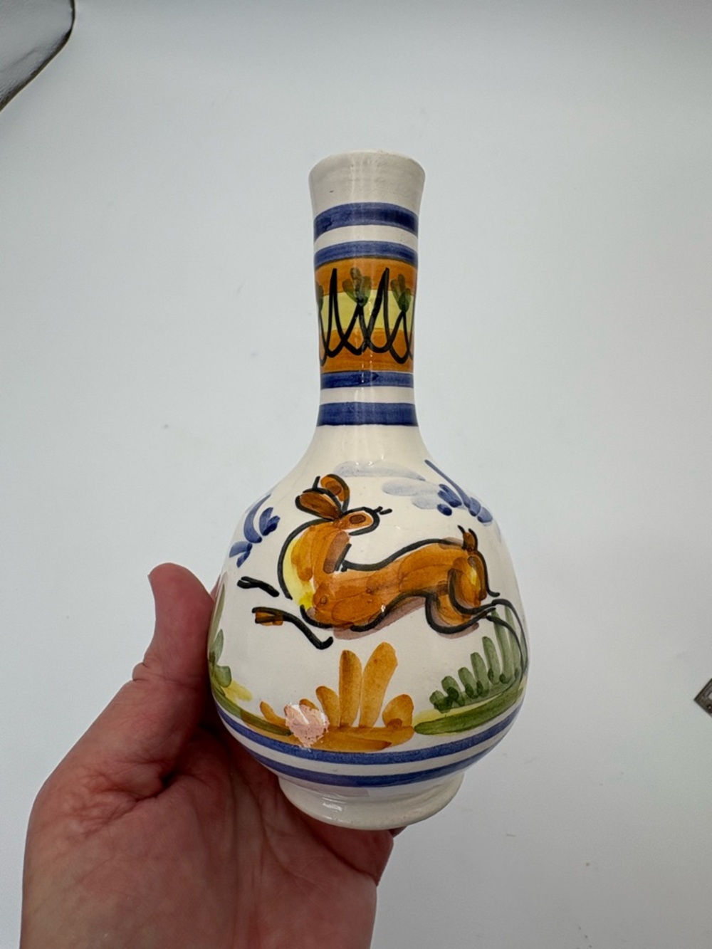 Vintage Talavera Style Hand-Painted Ceramic Vase with Leaping Deer Motif